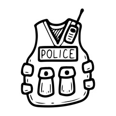 Policeman bulletproof vest. Hand drawn doodle vector. Protection of a law enforcement officer. Armored clothing of special forces. Illustration line art element.