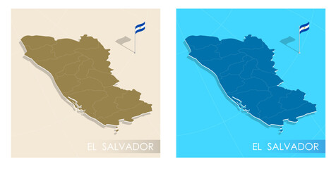 Salvador country flag installed on geographic positioning map point of country territory. Salvador commonwealth banner on land and sea. Festive patriotic HD format template for independence day