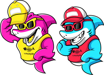 Cool Shark Duo Lifestyle Mascot