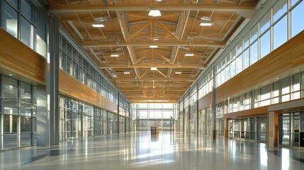 Sunlit spacious interior with high wooden ceilings, large windows, and polished floors; a modern, airy design