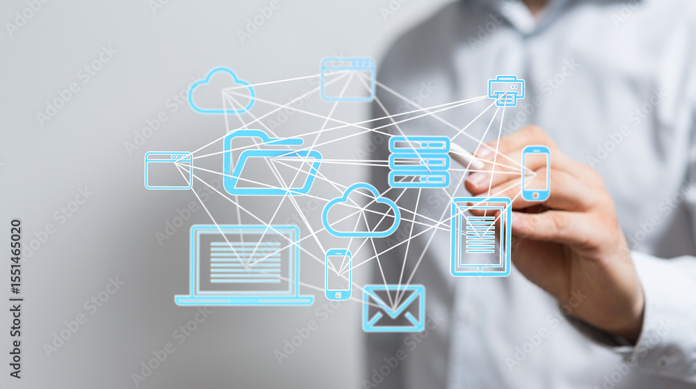 Poster Image depicting a network of interconnected devices and cloud services. Ideal for technology, data, and digital concepts.