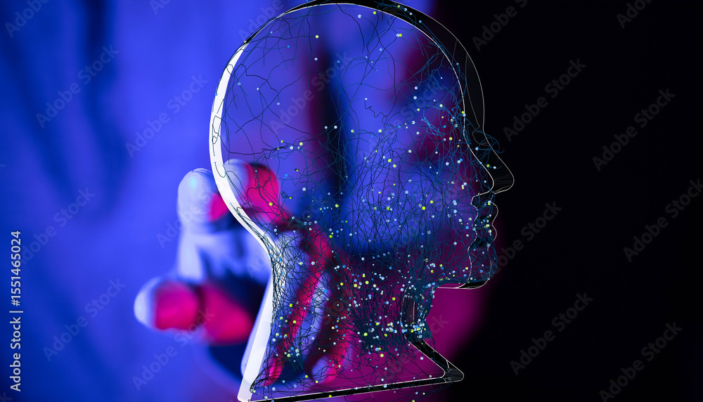 Poster abstract image of a human head with glowing neural network. ai, technology, brain concept.