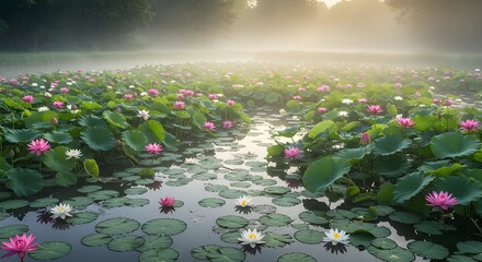 Misty Lotus Pond at Sunrise: A Serene Landscape