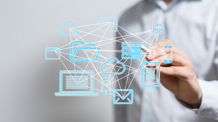 Image depicting a network of interconnected devices and cloud services. Ideal for technology, data,...
