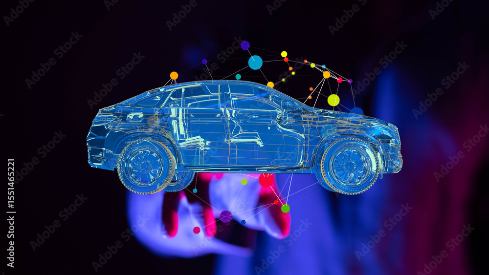 Poster abstract image of a digital car model, connected nodes, representing innovation and technology.