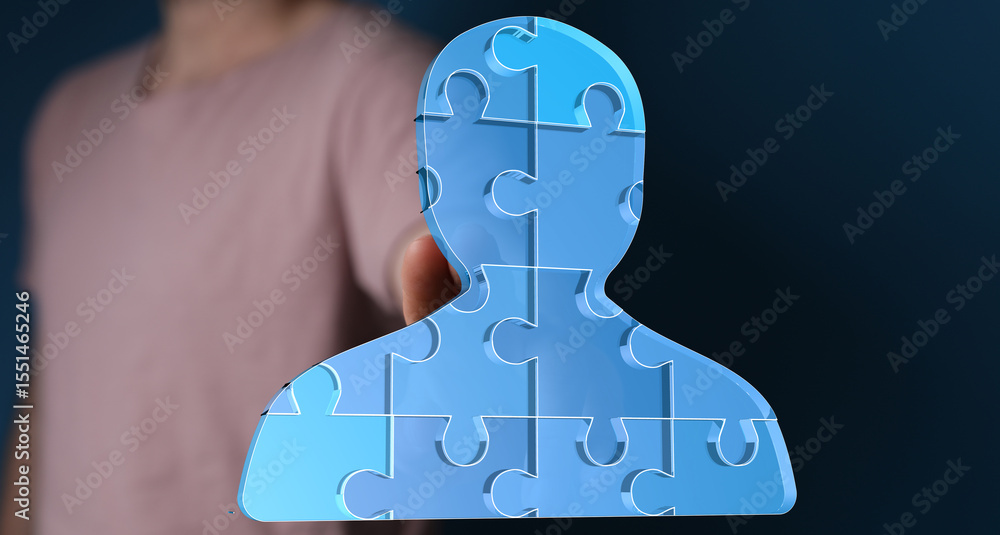 Poster abstract image of a person made of puzzle pieces, symbolizing teamwork, unity, and collaboration.