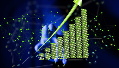 Stock photo of a hand interacting with a digital graph showing significant growth and upward trend.