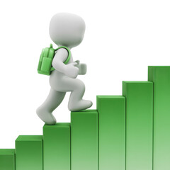 A 3d white character with a green backpack ascends a series of green ascending bars representing growth and progress