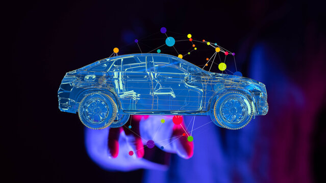 Abstract image of a digital car model, connected nodes, representing innovation and technology.