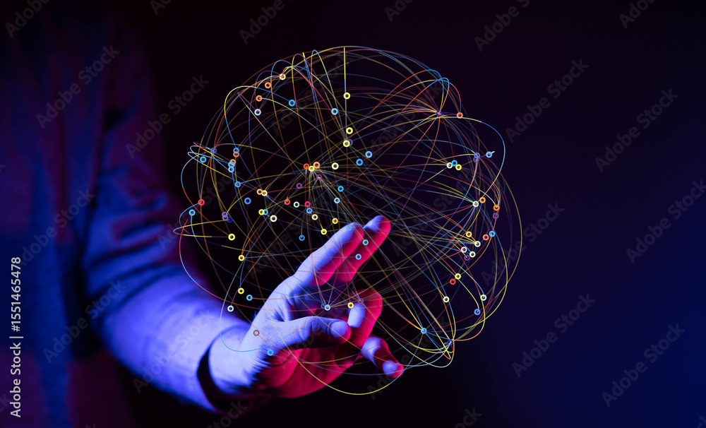 Poster Abstract image of a hand interacting with a digital sphere, representing global networking and connectivity.