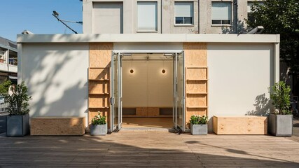 Modular pop-up retail pavilion with open entrance and wooden facade, symmetrical outdoor layout with planter boxes, contemporary urban temporary commercial space 