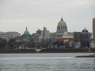 Downtown Harrisburg with river and capitol 