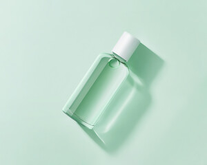 Glass cosmetic bottle with white cap lies on pastel green background. Horizontal mockup of clear serum, tonic or nail polish remover. Minimalistic image with caustics and negative space