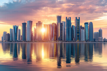 Obraz premium City skyline at sunset with skyscrapers reflecting vivid orange sky, perfect for urban landscape themes