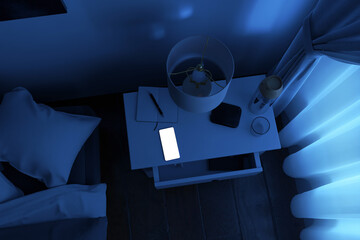 Black smartphone with isolated png screen lying on a nightstand, illuminated by moonlight. 3D Rendering