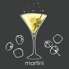 Classic martini cocktail with green olives. Vector illustration on a dark background.