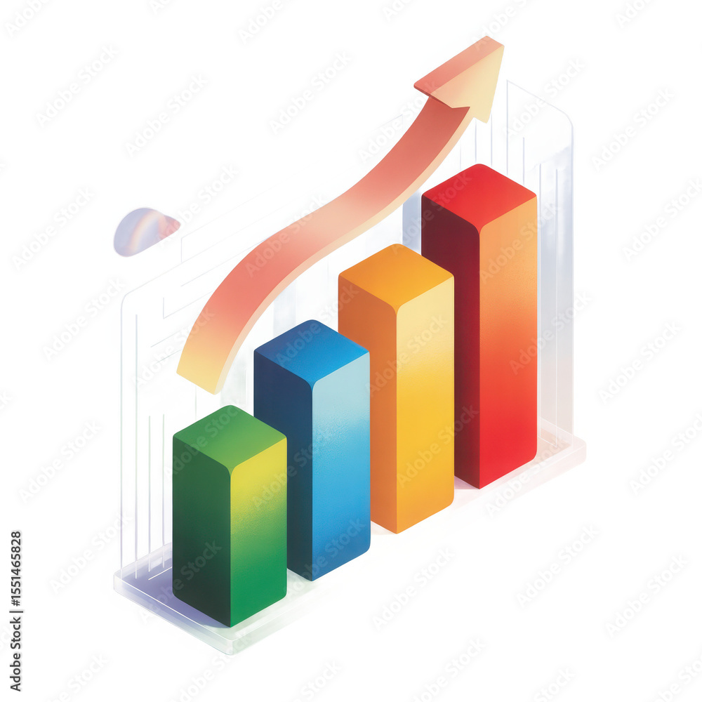 Poster colorful isometric bar chart displaying upward trend with a prominent arrow indicating growth and su