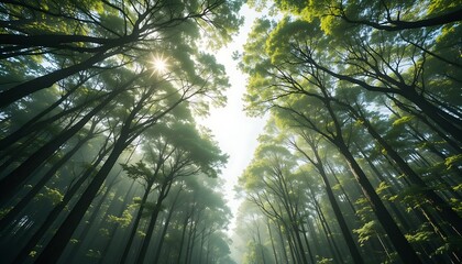 Fototapeta premium Sunlight Streaming Through Tall Trees in a Lush Green Forest