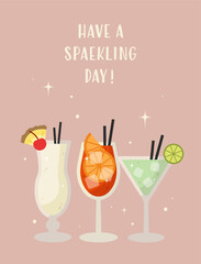 Summer cocktail poster with vibrant tropical drinks. Modern flat illustrations of refreshing beverages with fruits and sparkles. Perfect for party decor or bar menu design