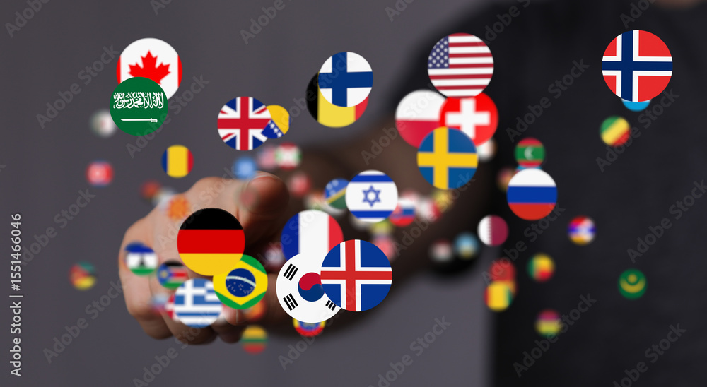 Poster image of various national flags as floating circles, symbolizing global connections and internationa