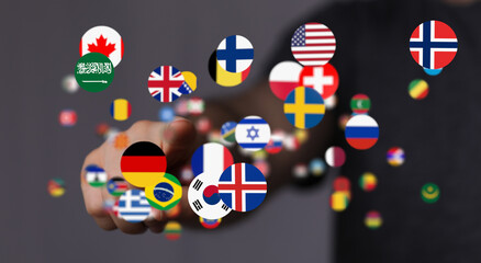 Image of various national flags as floating circles, symbolizing global connections and...