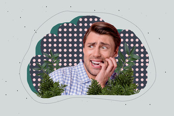 Creative pop poster sketch art collage of happy girl guy stand green leaves branch bush forest park walk spring summer season