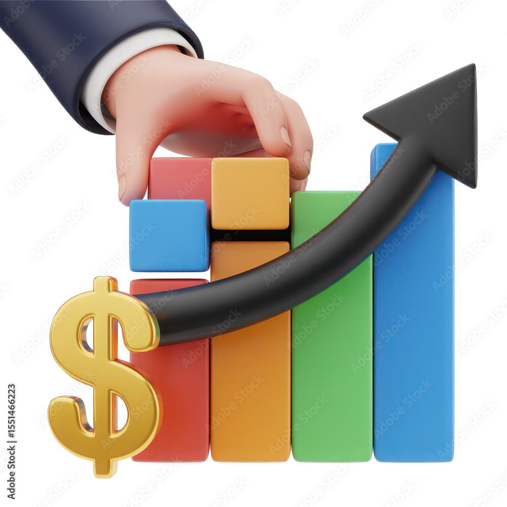 Poster cartoon hand placing a building block on a colorful bar chart with a rising arrow and golden dollar 