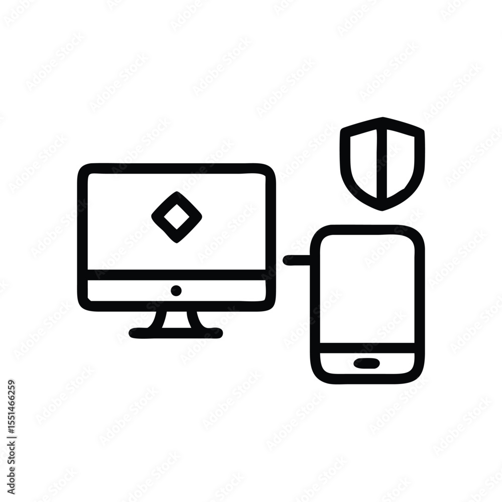 Poster secure data transfer between computer and mobile device with security shield protection vector icon 