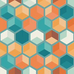 Geometric pattern featuring a honeycomb grid with a retro color scheme in orange,teal,brown and white