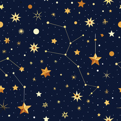 Naklejka premium Golden stars and constellations on deep blue seamless geometric pattern for cosmic background design