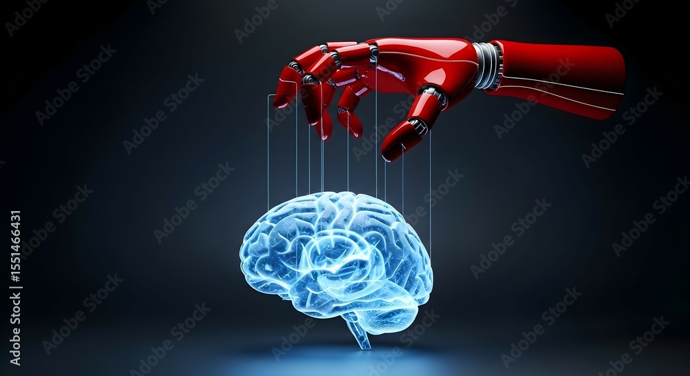 Poster red robot hand controlling a glowing human brain like a puppet. artificial intelligence controlling 