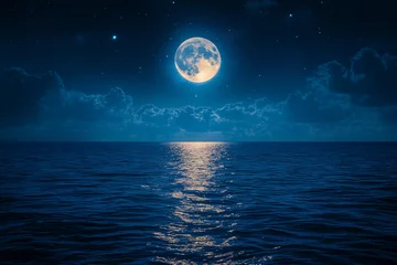 Fototapete Vollmond Bright full moon above gentle sea waves, ideal for meditation, mindfulness, and relaxation stock use  © Mike Stock
