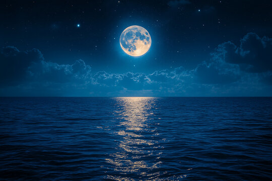Bright full moon above gentle sea waves, ideal for meditation, mindfulness, and relaxation stock use