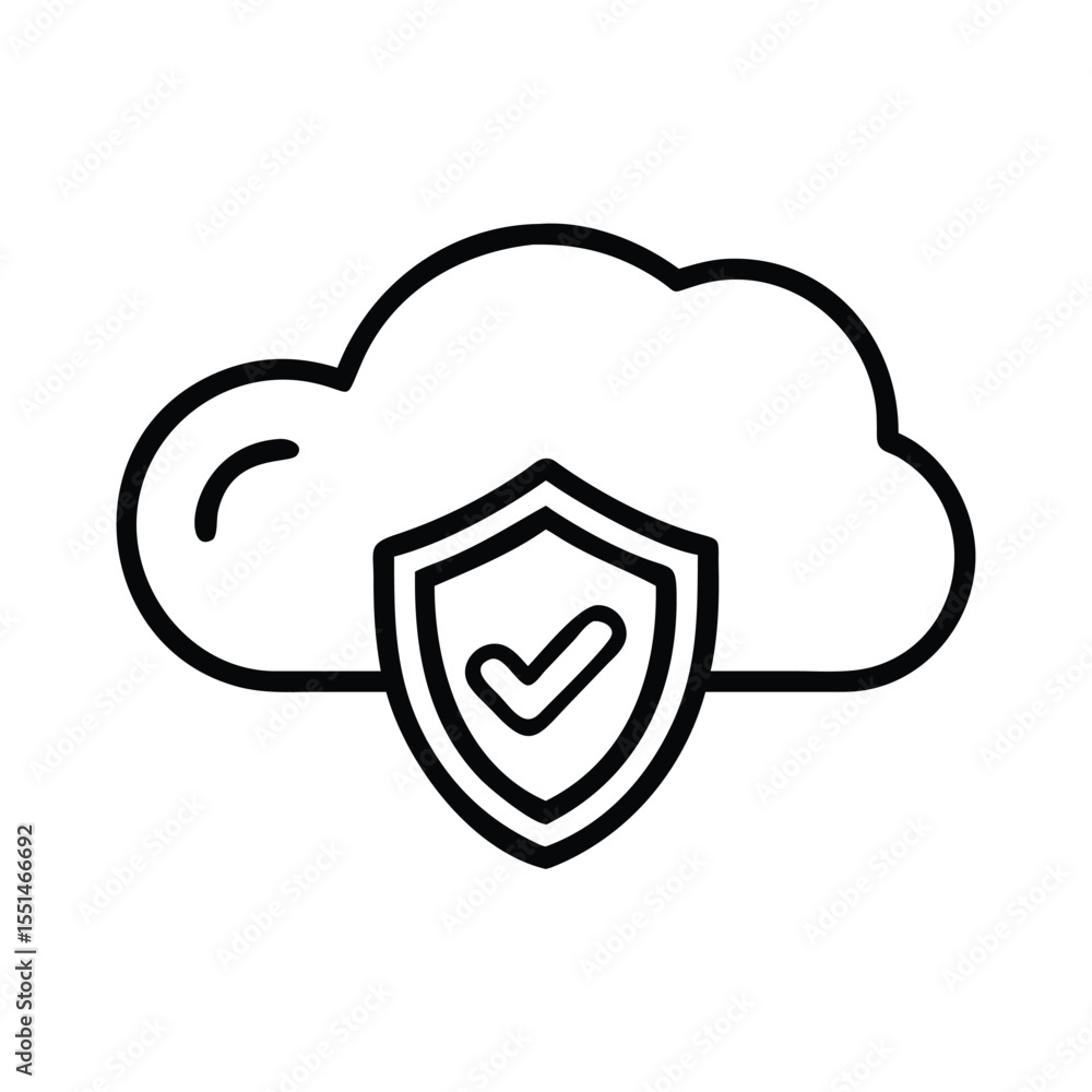 Poster cloud security icon with shield and checkmark for secure data storage and protection online on the c