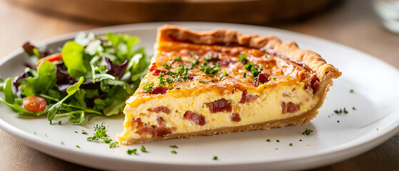 Slice of Quiche Lorraine Served with Fresh Salad on a White Plate