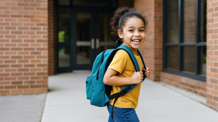 Happy young schoolgirl with backpack smiling outside modern school building. Back to school excitement and childhood joy. Education and growth.