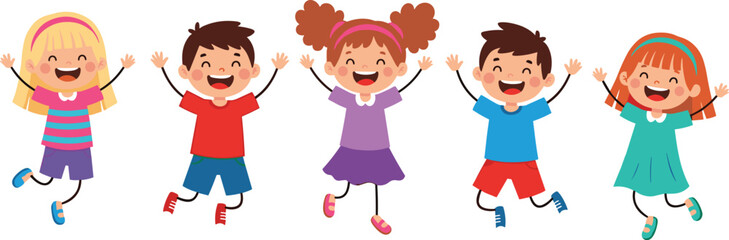 Happy cartoon kids jumping together, smiling children group illustration, colorful clothes, playful fun scene, isolated white background, vector drawing for design

 flat vector illustration