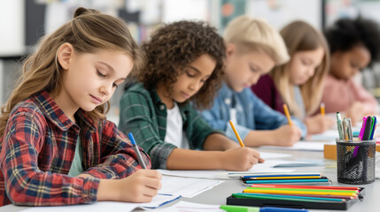 Group of focused elementary school children writing in notebooks during a classroom activity. Learning environment with pencils and colored pens. Education in progress.