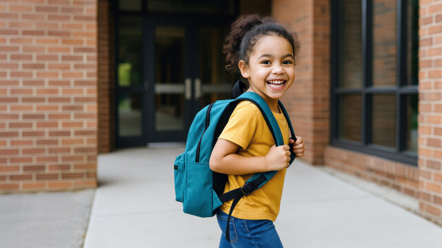 Happy young schoolgirl with backpack smiling outside modern school building. Back to school excitement and childhood joy. Education and growth.