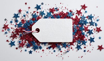 A blank white gift tag surrounded by red and blue glittery stars on a white background. 4th of July sale, Independence day in United States of America celebration