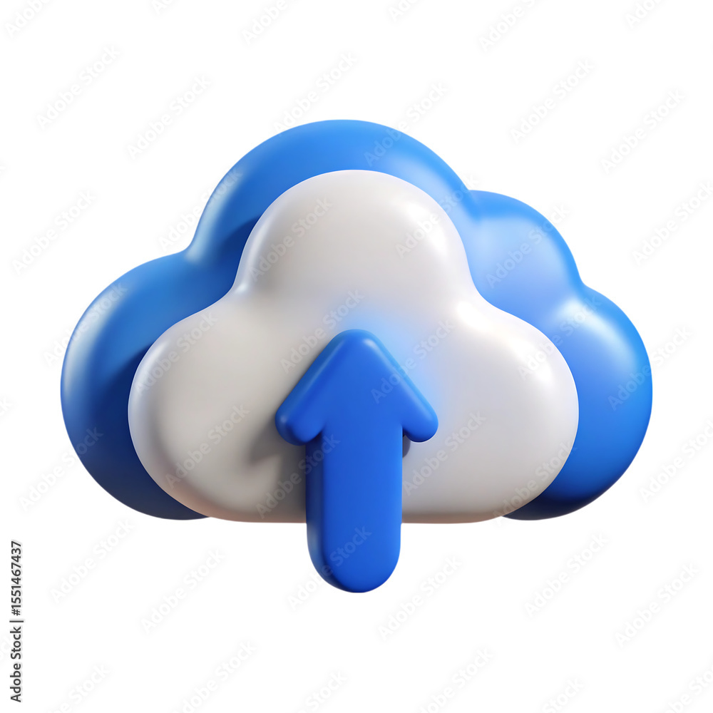 Poster 3d render of a blue and white cloud icon with upload arrow on black background