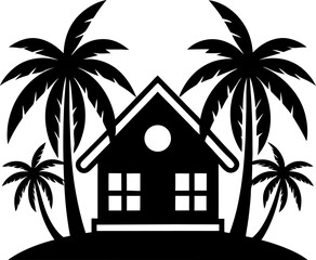 Obraz premium Tropical beach house with coconut trees silhouette on white background