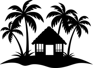 Obraz premium Tropical beach house with coconut trees silhouette on white background