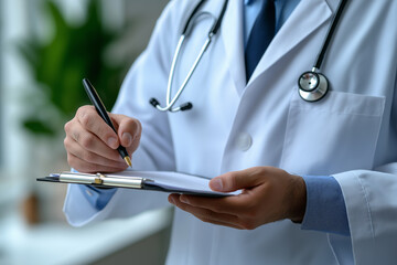 Doctor in white coat reviewing patient info with pen in hand, perfect for medical, health, and clinic themes