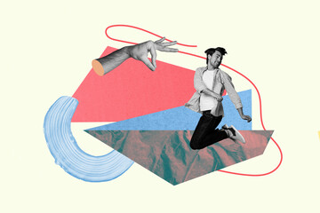 Contemporary artwork collage of happy girl guy jump hands show gesture non-verbal communication fun...