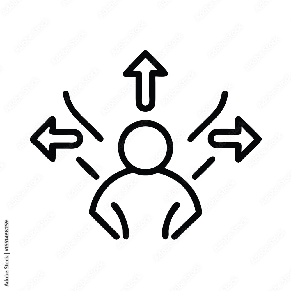 Poster decision making process icon showing person with arrows in different directions for business strateg