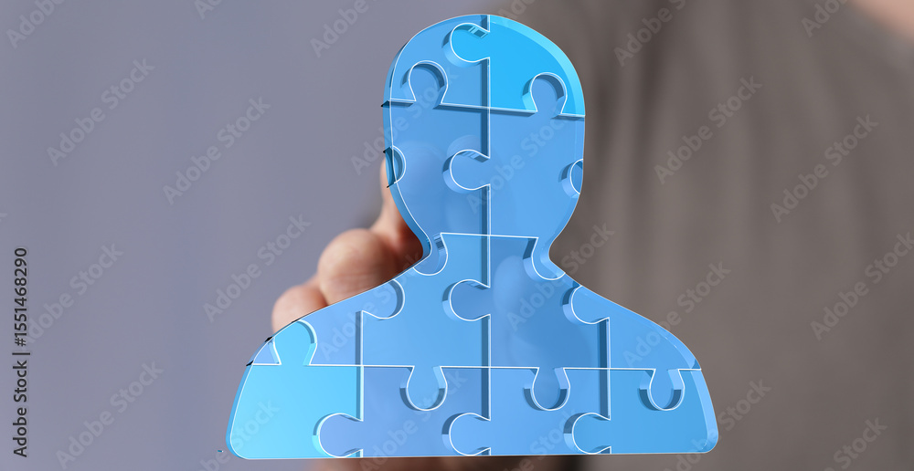Poster abstract image of a person made of puzzle pieces, symbolizing teamwork, collaboration, and connectio