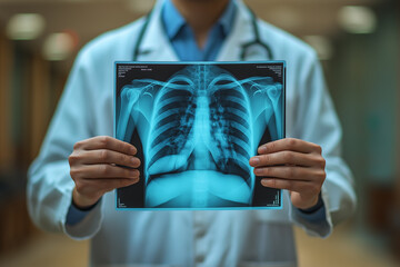 Physician looking at chest X-ray in hospital room, concept of diagnosis, treatment, and medical care