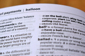 Close Up Of English Dictionary Page With Definition Word -Ball