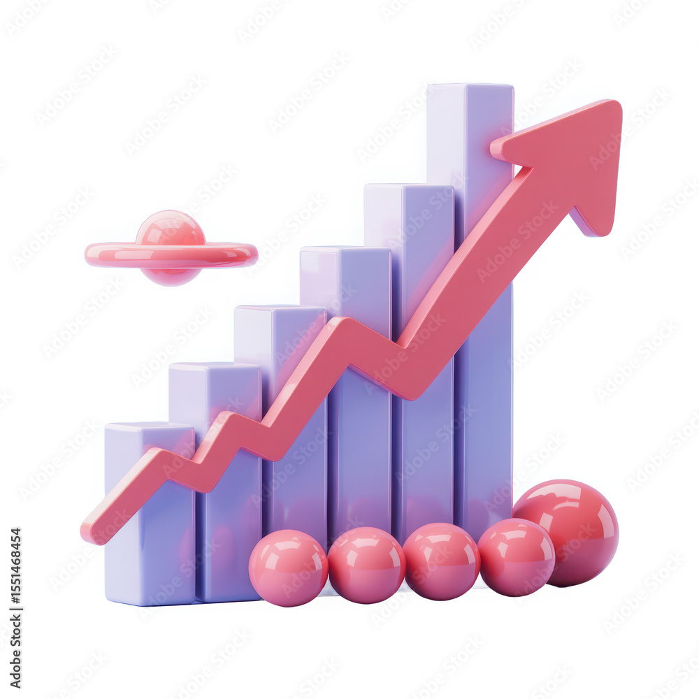 Poster 3d rendering of a growing bar chart with a red arrow indicating upward trend and pink spheres at the